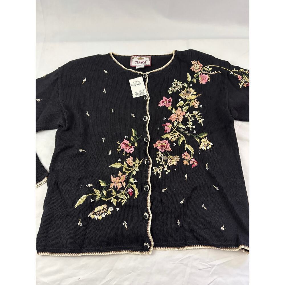 Tiara International Black Red Beaded Embroidery Knit Sweater‎ Cardigan NWT 1990s - Picture 5 of 14